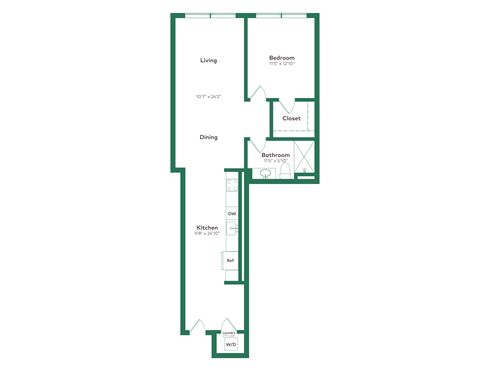 Floor plan for 1 bed, 1 bath, 840 sqft